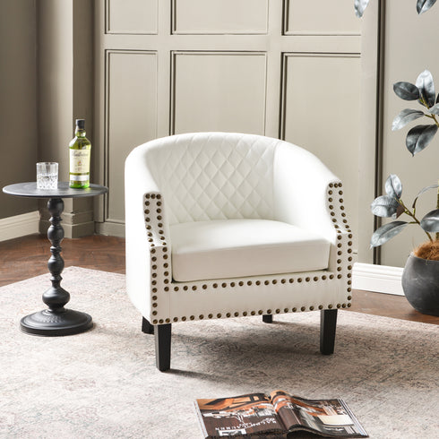 Louis Faux Leather Tufted Club Chair - White Accent Chair | Decorative Accent Chairs | Kinwell Furniture | Modern Club Chairs | Barrel Club Chair | Nailhead Trim Chair | Contemporary Faux Leather Chair | Elegant White Chair